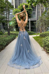 Dark Green A-Line Tulle Appliques Long Prom Dress with Slit