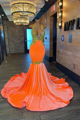 Sleeveless Orange Mermaid Evening Dress with Halter and Appliques