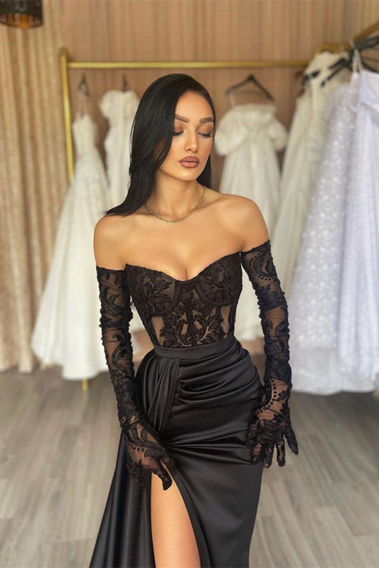 Charming Long Black Off The Shoulder Lace Mermaid Long Sleeves Prom Dress Long Slit