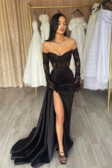 Charming Long Black Off The Shoulder Lace Mermaid Long Sleeves Prom Dress Long Slit