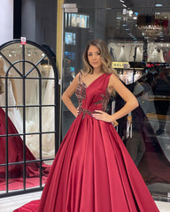 Burgundy Wedding Dress Satin Ball Gown Bridal Dress with Sweep Train