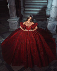 Burgundy Wedding Dress Off The Shoulder Ball Gown Sequined Bridal Dress