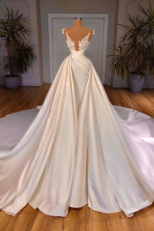 Ivory Wedding Dress A Line Beaded Bridal Dress with Panel Train