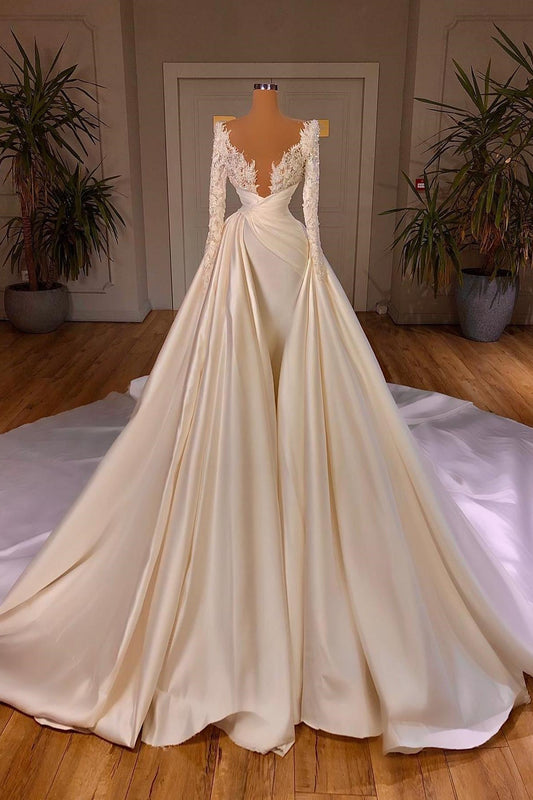 Ivory Wedding Dress A Line Long Sleeves Beaded Bridal Dress with Panel Train