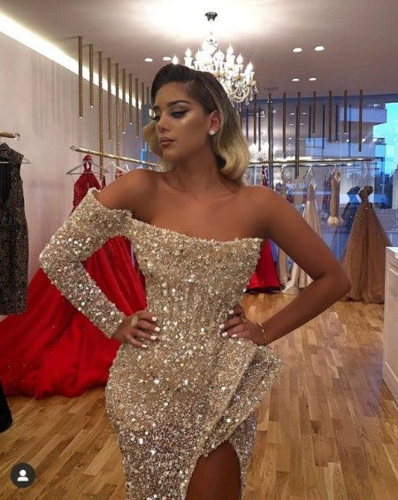 Chic Crystal Beading One Shoulder Strapless Slit Mermaid Sequins Prom Gowns