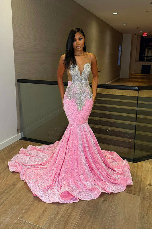 Chic Sleeveless Mermaid Sequins Prom Dress With Ruffles Long