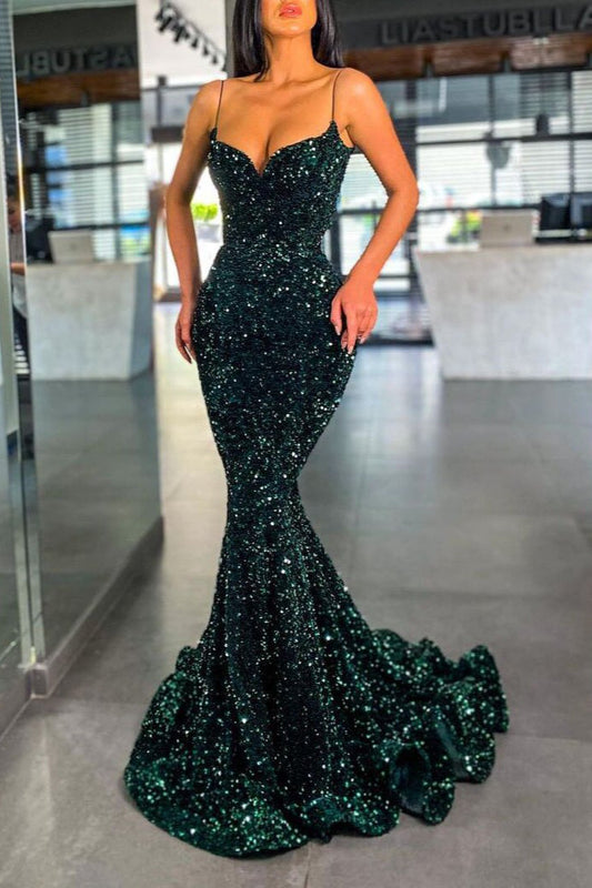 Chic Spaghetti Straps Green Sequins Prom Dress Mermaid Long Party Gowns