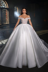 Chic Wedding Dress Off The Shoulder Ball Gown Satin Bridal Dress with Beadings