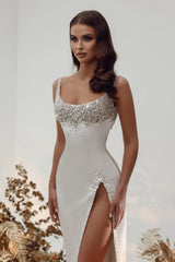 Ivory Wedding Dress Scoop Neck Beaded Bridal Dress with Panel Train