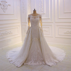 Classic Jewel Neck Long Sleeves Tulle Lace Ivory Wedding Dress with Panel Train