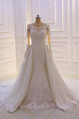 Classic Jewel Neck Long Sleeves Tulle Lace Ivory Wedding Dress with Panel Train