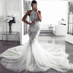 Classic Sleeveless Halter Wedding Dress Mermaid Tulle Bridal Dress