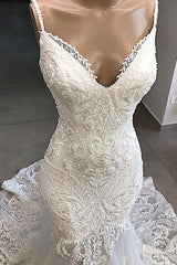 Ivory Wedding Dress Spaghetti Straps Mermaid Tulle Bridal Dress