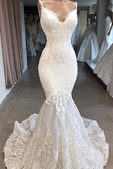 Ivory Wedding Dress Spaghetti Straps Mermaid Tulle Bridal Dress