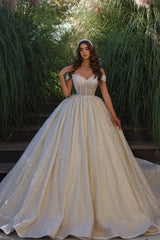 Classic Wedding Dress Off The Shoulder Ball Gown Sequined Lace Bridal Dress