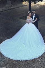 White Lace Ball Gown Wedding Dress Long Sleeves Bridal Gown