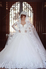 White Lace Ball Gown Wedding Dress Long Sleeves Bridal Gown