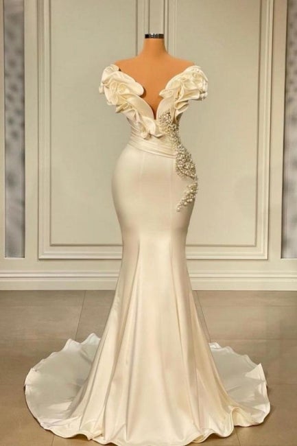 Classic White Long Pearl Ruffle Prom Dress