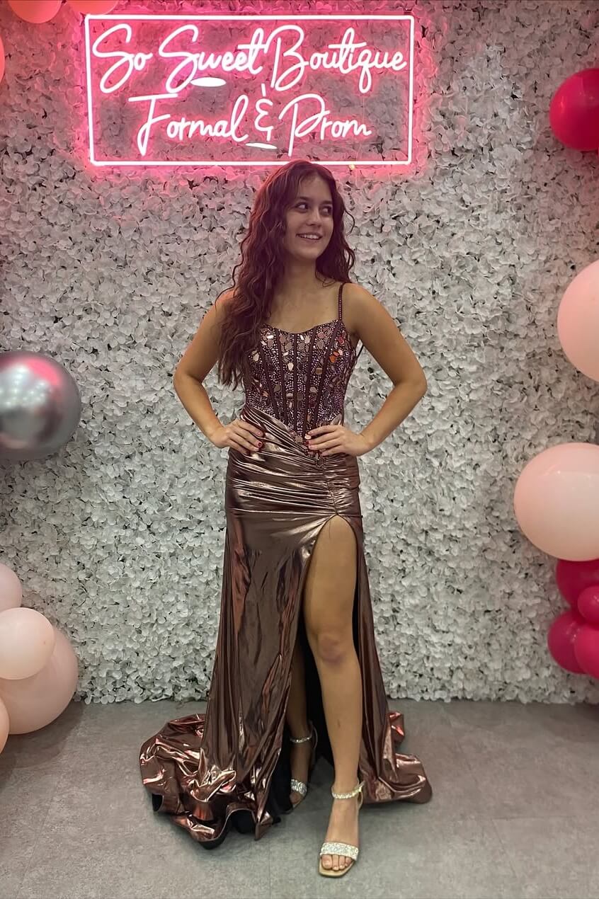 Dreamyannie Copper Sequined Mermaid Spaghetti Straps Long Evening Dress With Slit