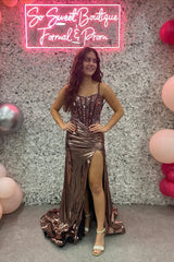 Dreamyannie Copper Sequined Mermaid Spaghetti Straps Long Evening Dress With Slit