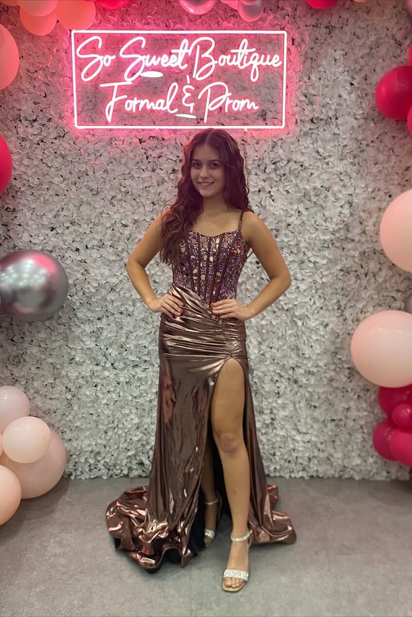 Dreamyannie Copper Sequined Mermaid Spaghetti Straps Long Evening Dress With Slit