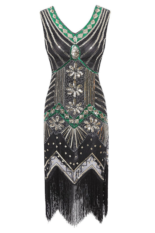 Gold Green Glitter Fringe Flapper 1920s Dress