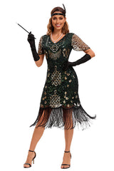 Green V-Neck Batwing Sleeve Fringe 1920s Gatsby Dress