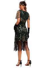 Black Silver V-Neck Batwing Sleeve Fringe 1920s Gatsby Dress