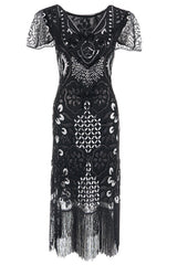 Black Gold V-Neck Batwing Sleeve Fringe 1920s Gatsby Dress