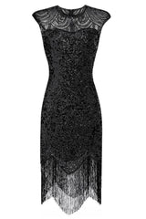 Black Sequin Dress Cap Sleeves Fringe 1920s Gatsby Dress