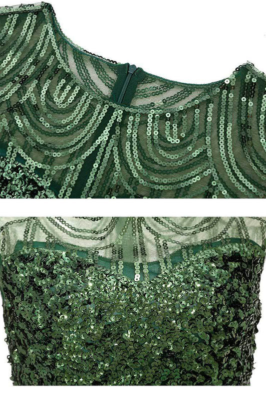 Green Sequin Dress Cap Sleeves Fringe 1920s Gatsby Dress