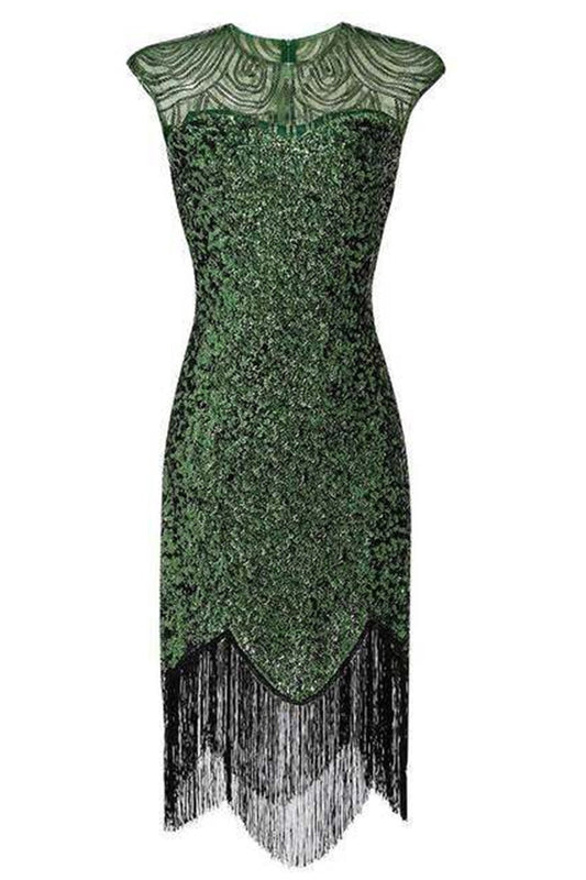 Green Sequin Dress Cap Sleeves Fringe 1920s Gatsby Dress