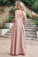 Dusty Rose Lurex Prom Dress V Neck Appliques A Line Formal Dress