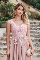 Dusty Rose Lurex Prom Dress V Neck Appliques A Line Formal Dress