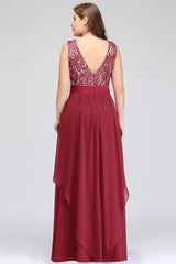 Burgundy Lace Chiffon Bridesmaid Dress Crew Neck Mother of the Bride Dress