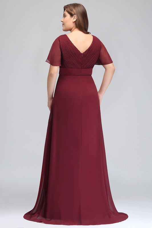 Burgundy Chiffon V Neck Bridesmaid Dress Batwing Sleeves Wedding Party Dress