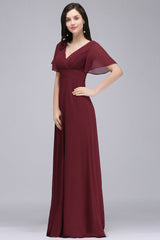 Burgundy Chiffon V Neck Bridesmaid Dress Batwing Sleeves Wedding Party Dress