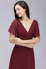 Burgundy Chiffon V Neck Bridesmaid Dress Batwing Sleeves Wedding Party Dress