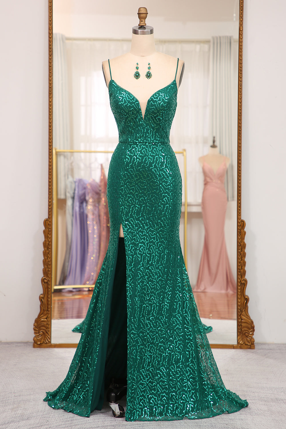 Glitter Dark Green Mermaid Long Prom Dress With Slit