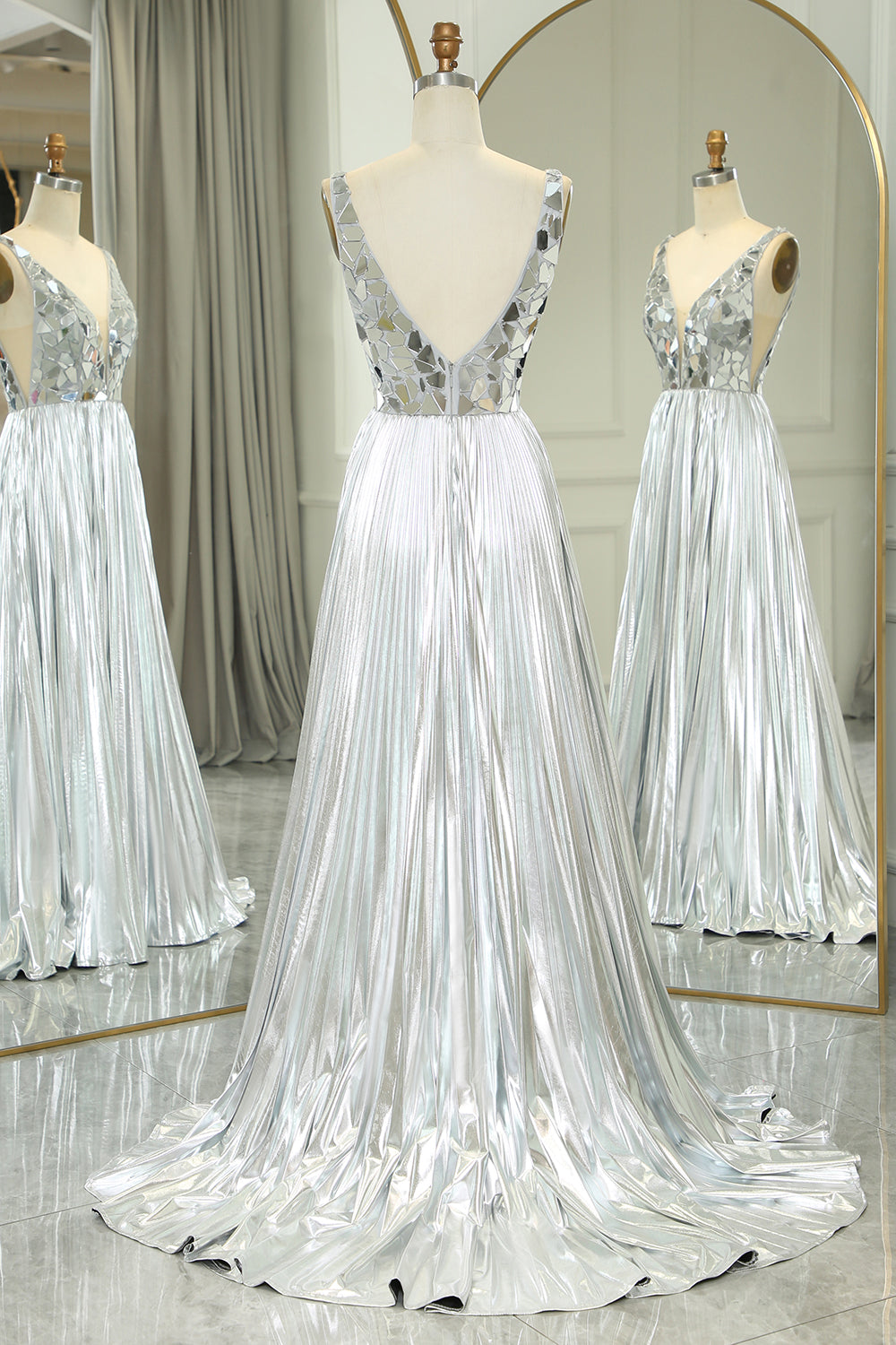 Glitter Silver Backless Long Mirror Prom Dress