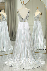 Glitter Silver Backless Long Mirror Prom Dress