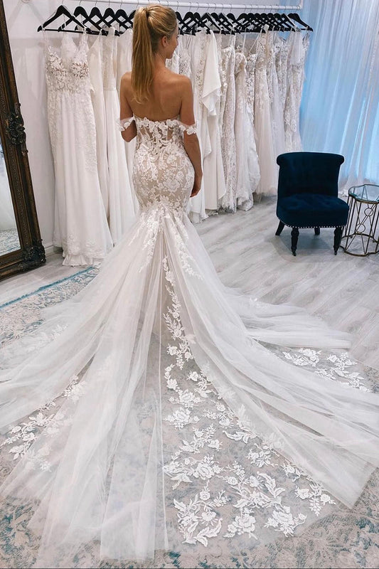 Timeless Ivory Off-the-Shoulder Long Lace Mermaid Wedding Dress