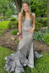 Orange Sparkly Deep V Neck Sequin Mermaid Prom Dress