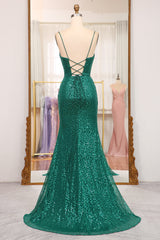 Glitter Dark Green Mermaid Long Prom Dress With Slit