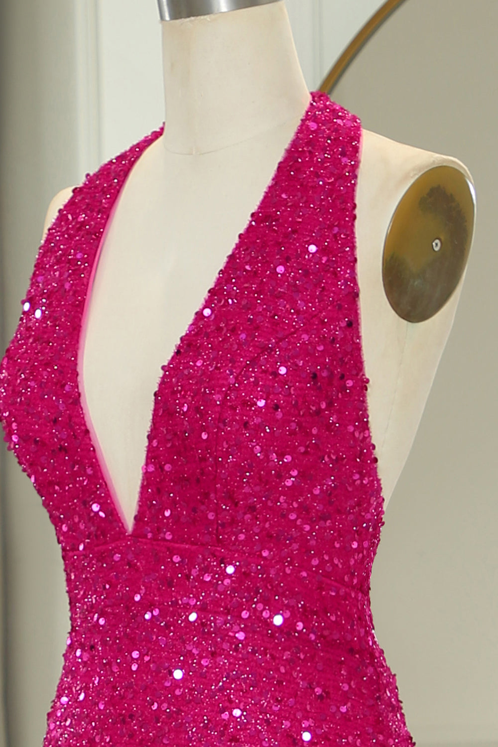 Sparkly Fuchsia Beaded Mermaid V Neck Backless Long Prom Dress With Slit