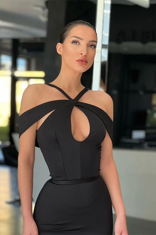 Black Off-The-Shoulder Halter Mermaid Evening Dress