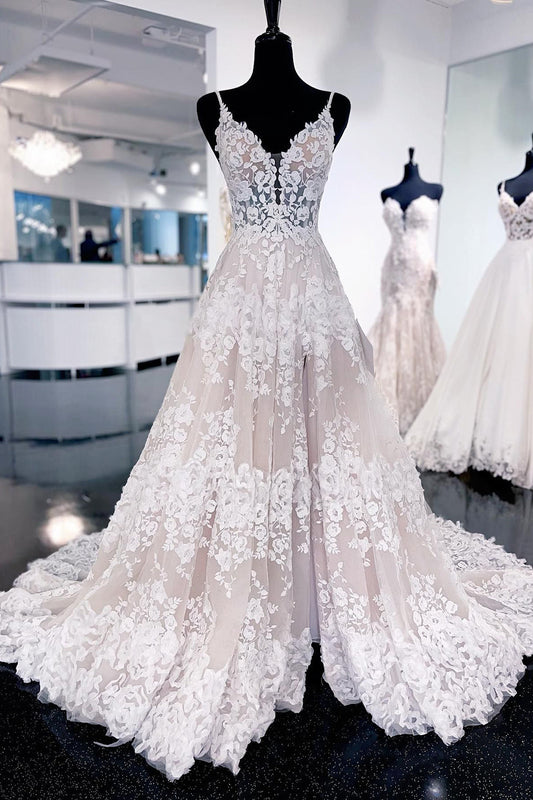 Timeless Ivory Lace A-Line Long Wedding Dress with Sweep Train