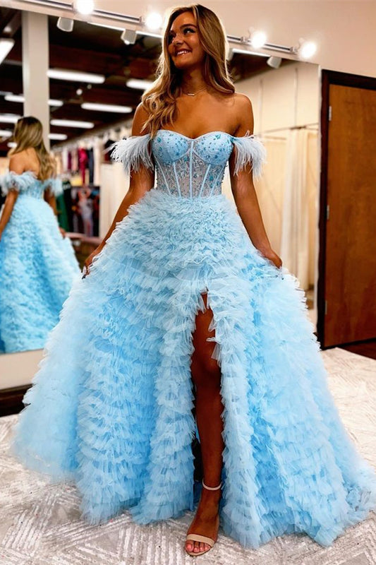 Light Blue V Neck Feather Ball Gown Evening Dress with Slit