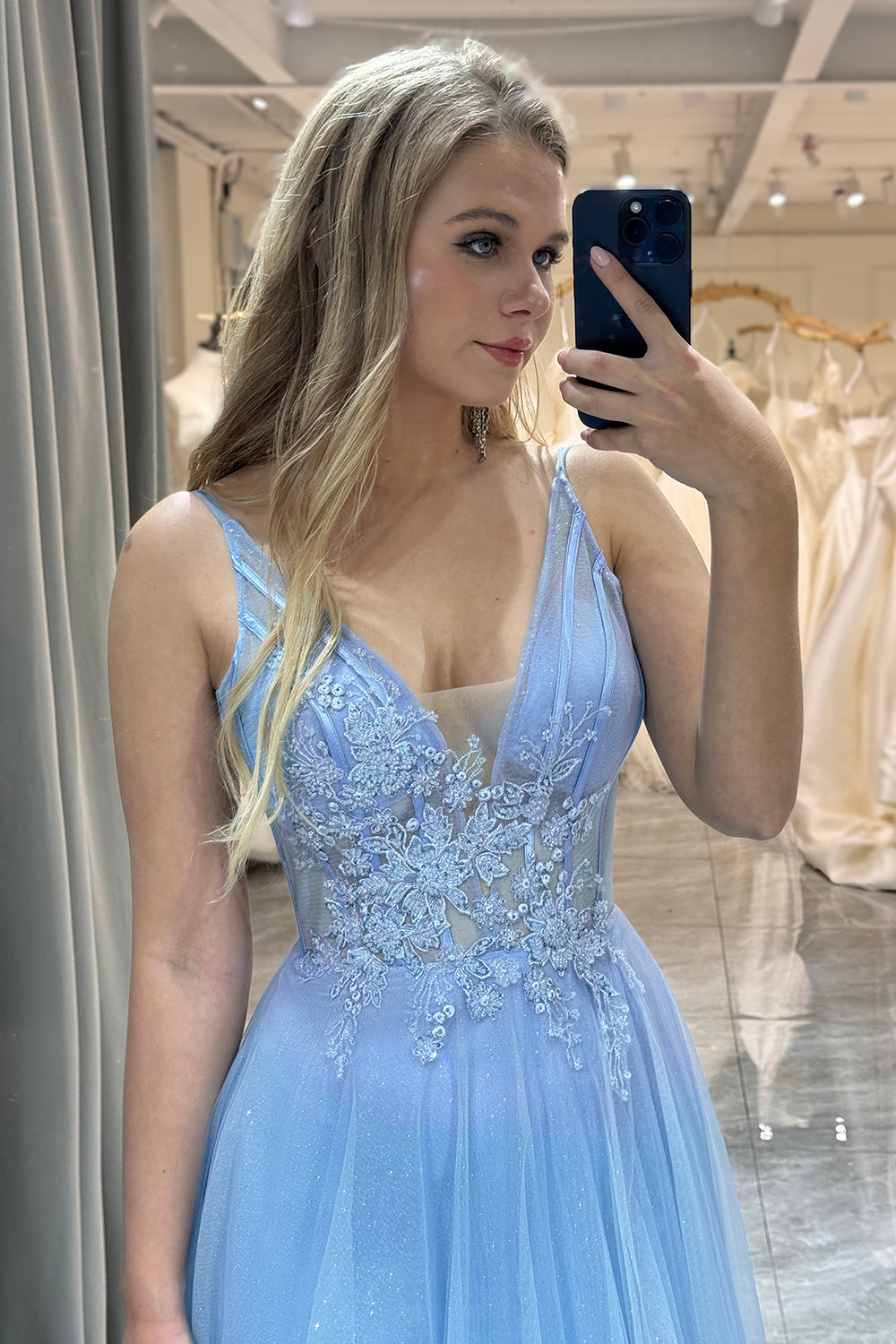 A Line Light Blue Tulle Long Corset Prom Dress