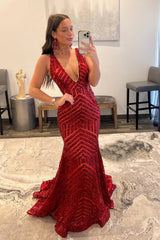 Orange Sparkly Deep V Neck Sequin Mermaid Prom Dress